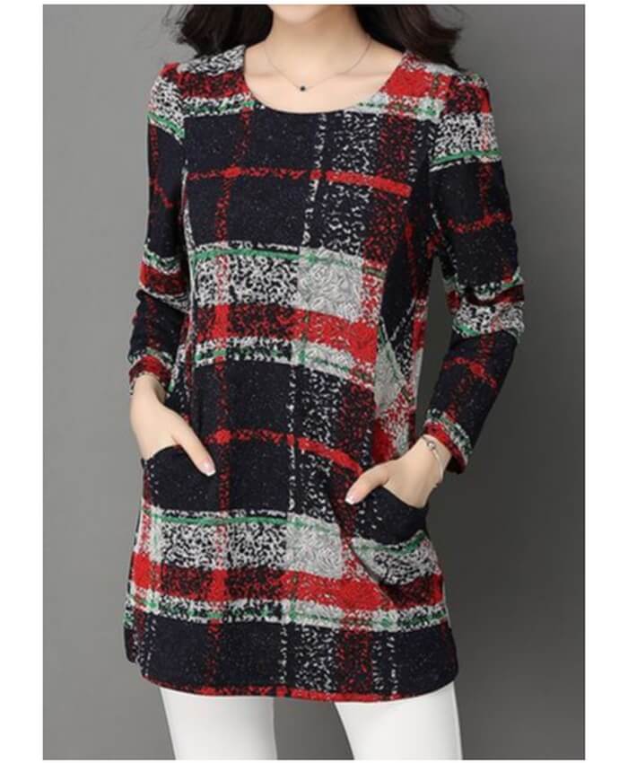 Long Sleeve Printed Pocket Round Neck Navy Blouse